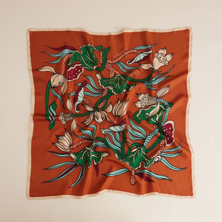 Orange silk scarf printed with lotus ( Liên hoa vũ scarf )